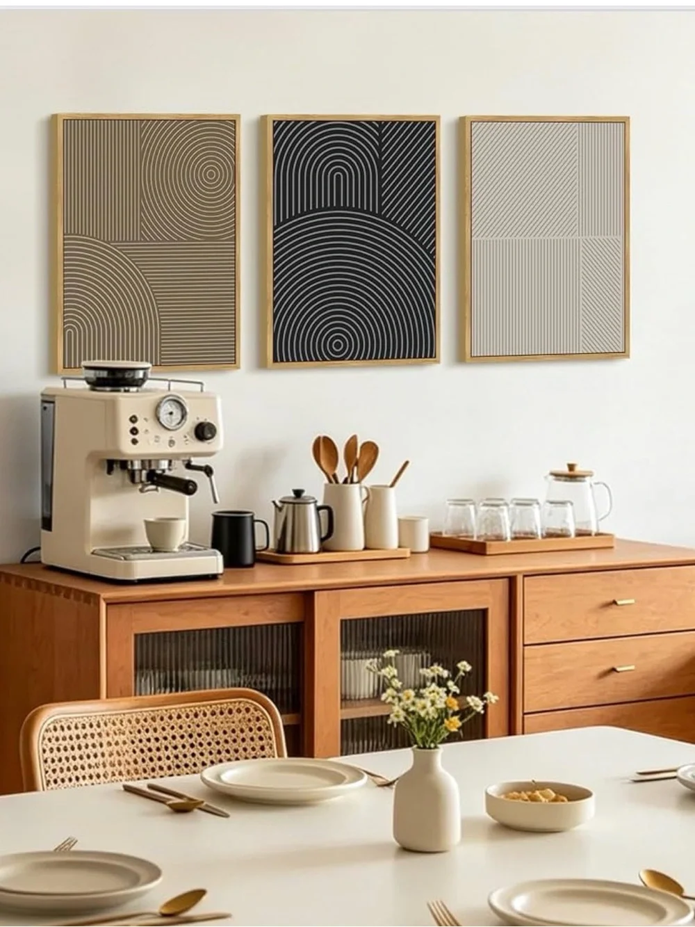 Modern Geometric Trio Wall Art - Black, Gold & Cream